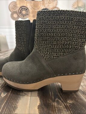The Sak Olive Suede Crochet Cuff Clog Booties